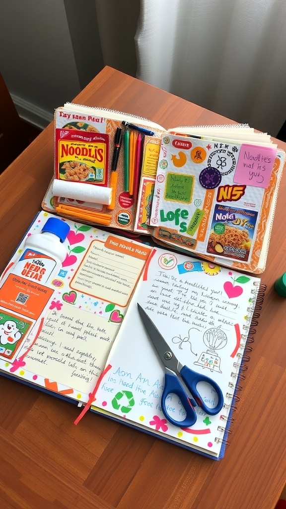 Creative Noodle Junk Journal A colorful noodle junk journal with decorated pages, scissors, and glue on a wooden table.